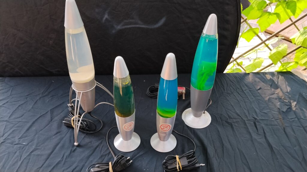 Lot of 4 Lava Lamps — 2 Large + 2 Small, silver bases, untested