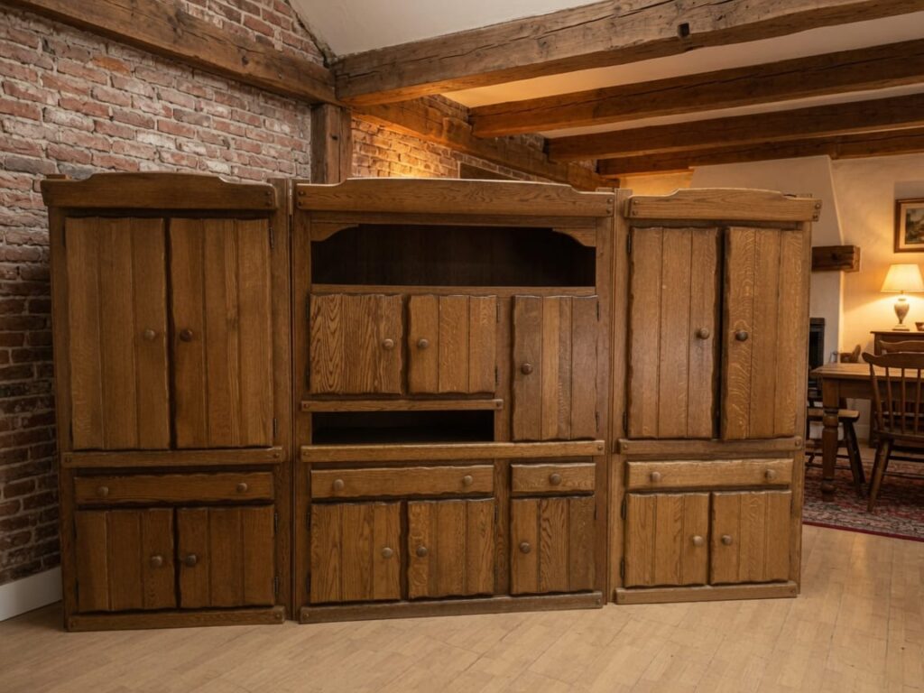 Large Three-Section Wooden Wall Unit / Cabinet with Glass Shelf & Mirror