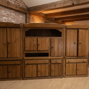 Large Three-Section Wooden Wall Unit / Cabinet with Glass Shelf & Mirror