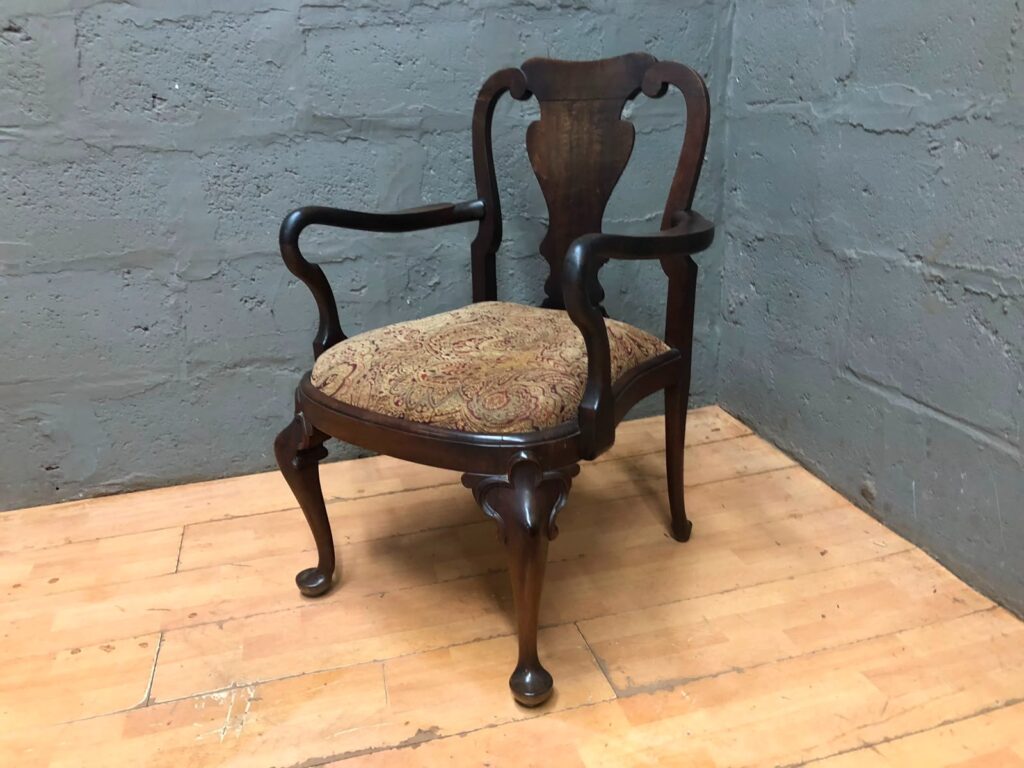 Vintage Upholstered Wooden Armchair – Ornate Carved Frame, Paisley Seat, 92x64x57cm