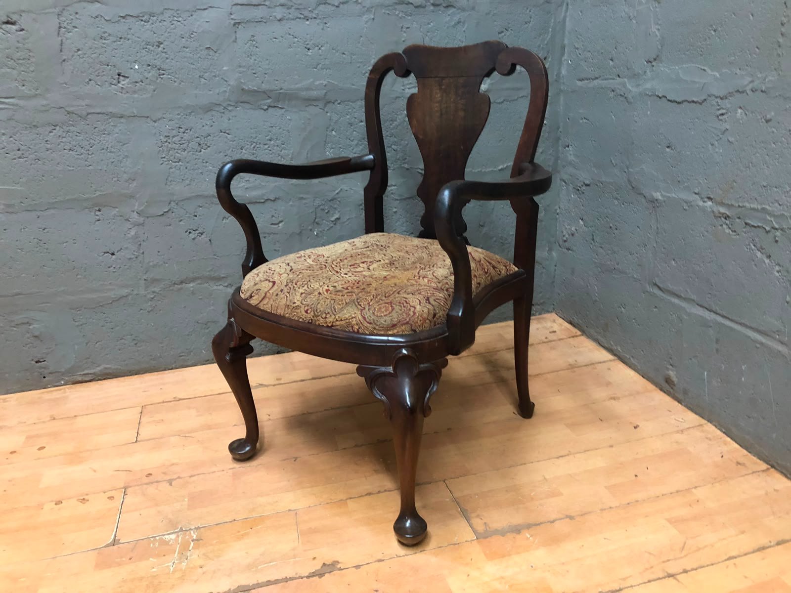 Vintage Upholstered Wooden Armchair – Ornate Carved Frame, Paisley Seat, 92x64x57cm