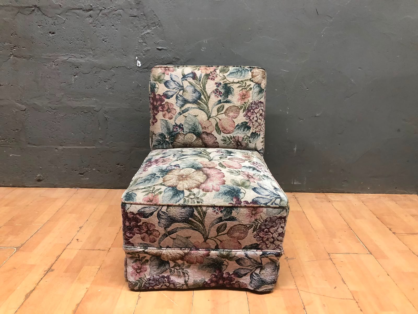 Upholstered Slipper Chair with Floral Tapestry Fabric – Good Condition