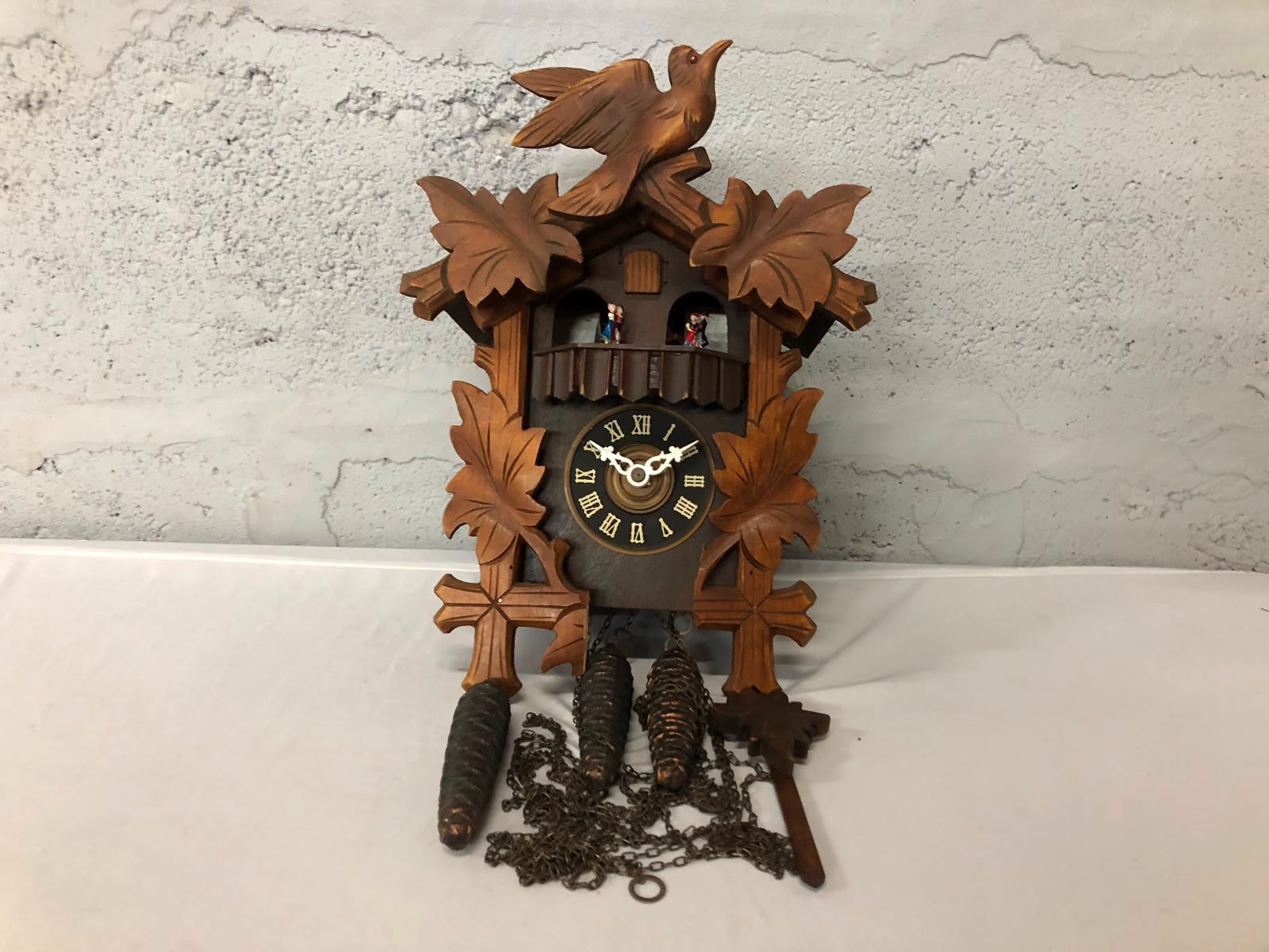 Mechanical Cuckoo Clock with Dancers – Spares or Repairs, Complete with Weights and Detached Leaf