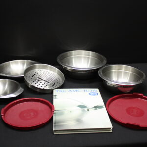 Set of A.M.C. steel kitchen bowls with grater, 2 red lids & AMC booklet (8 pcs)