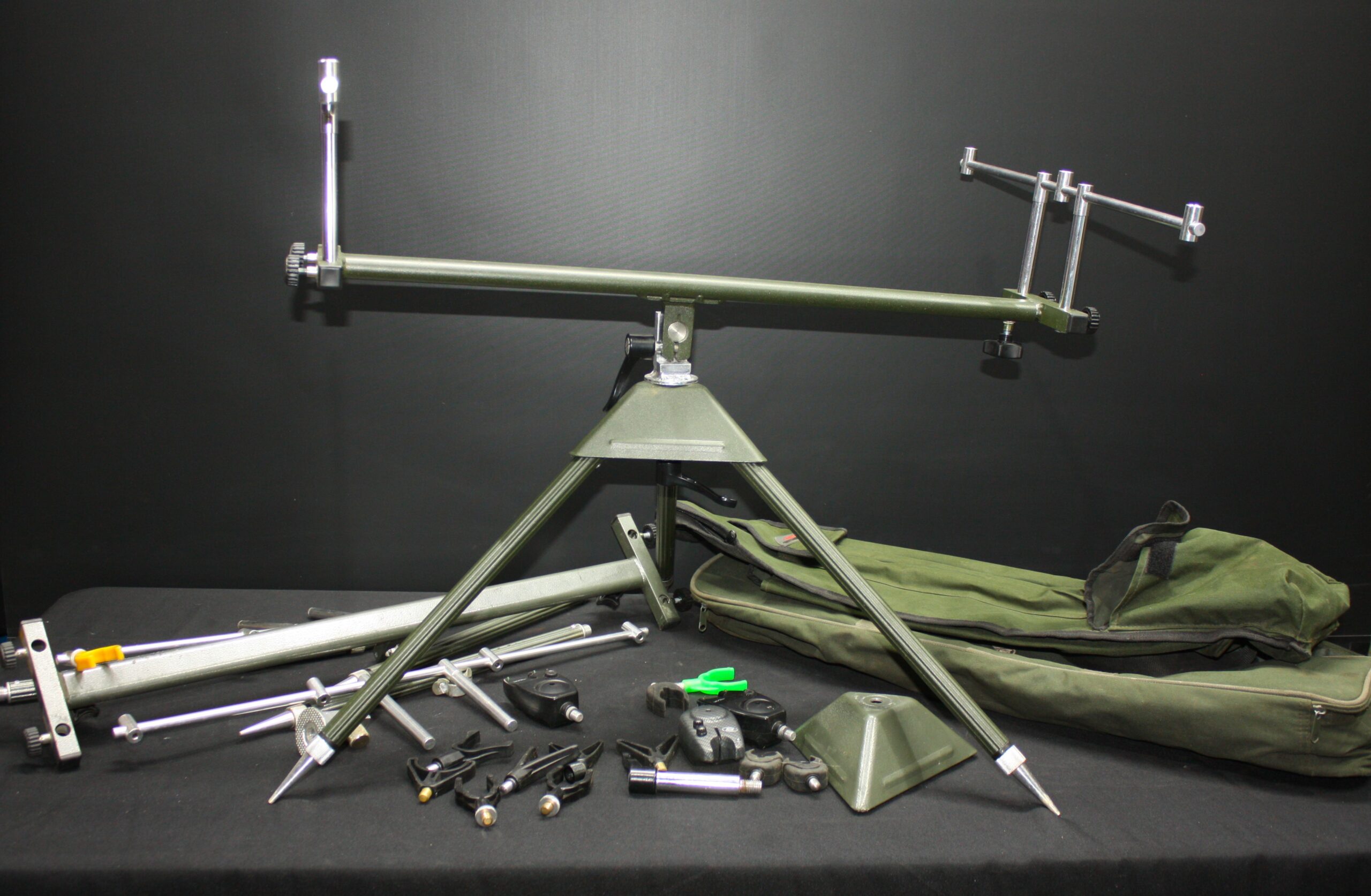 Green/Olive Fishing Rod Pod Tripod with Multiple Accessories & Bite Alarms