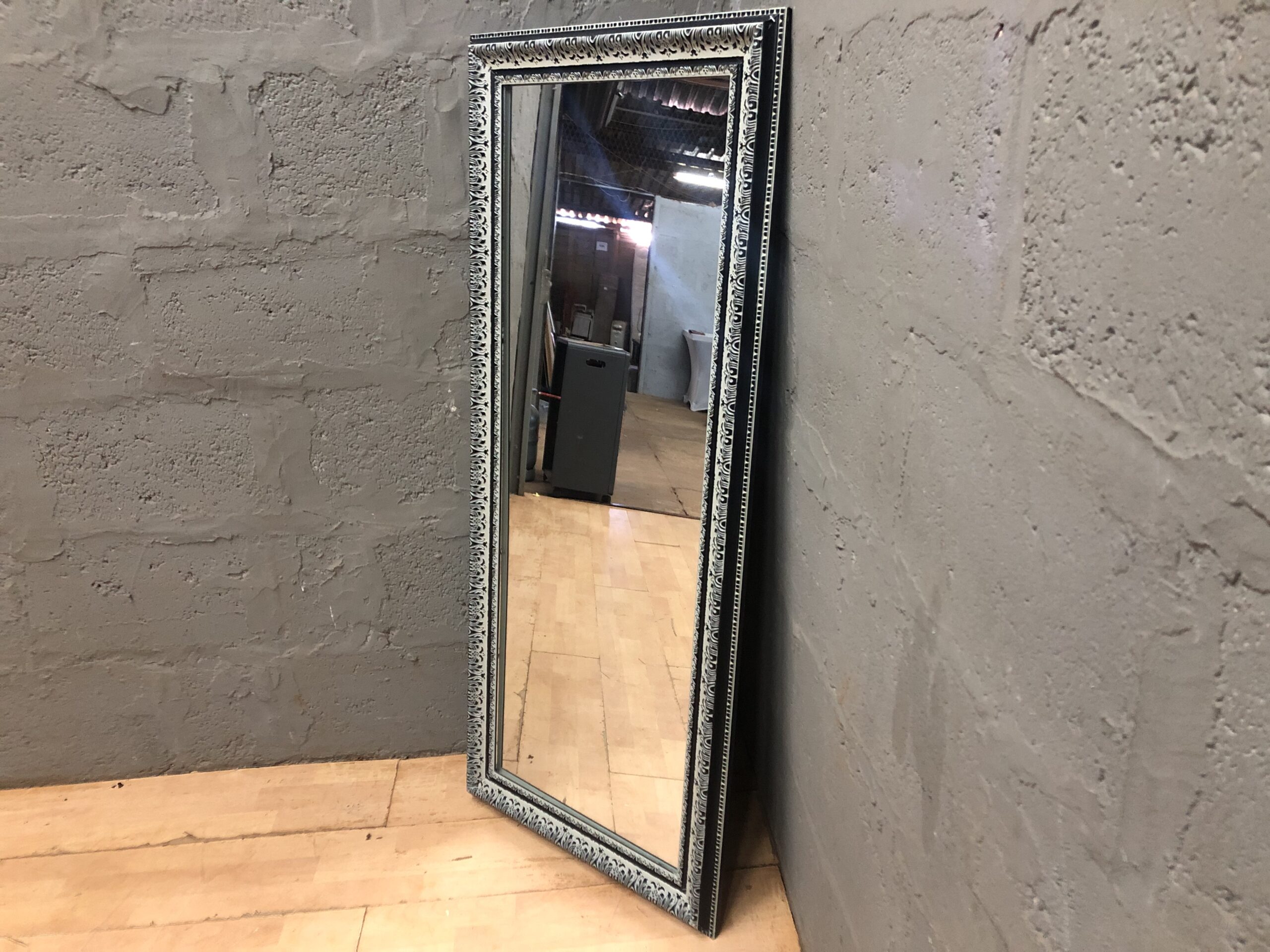 Full-length Framed Mirror, Ornate Distressed Black & Cream Frame, 137 x 59 cm