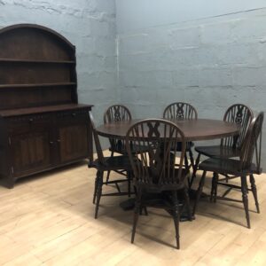 8-Piece Dining Set: Round Table, 6 Chairs & Hutch / Buffet, Dark Brown Finish