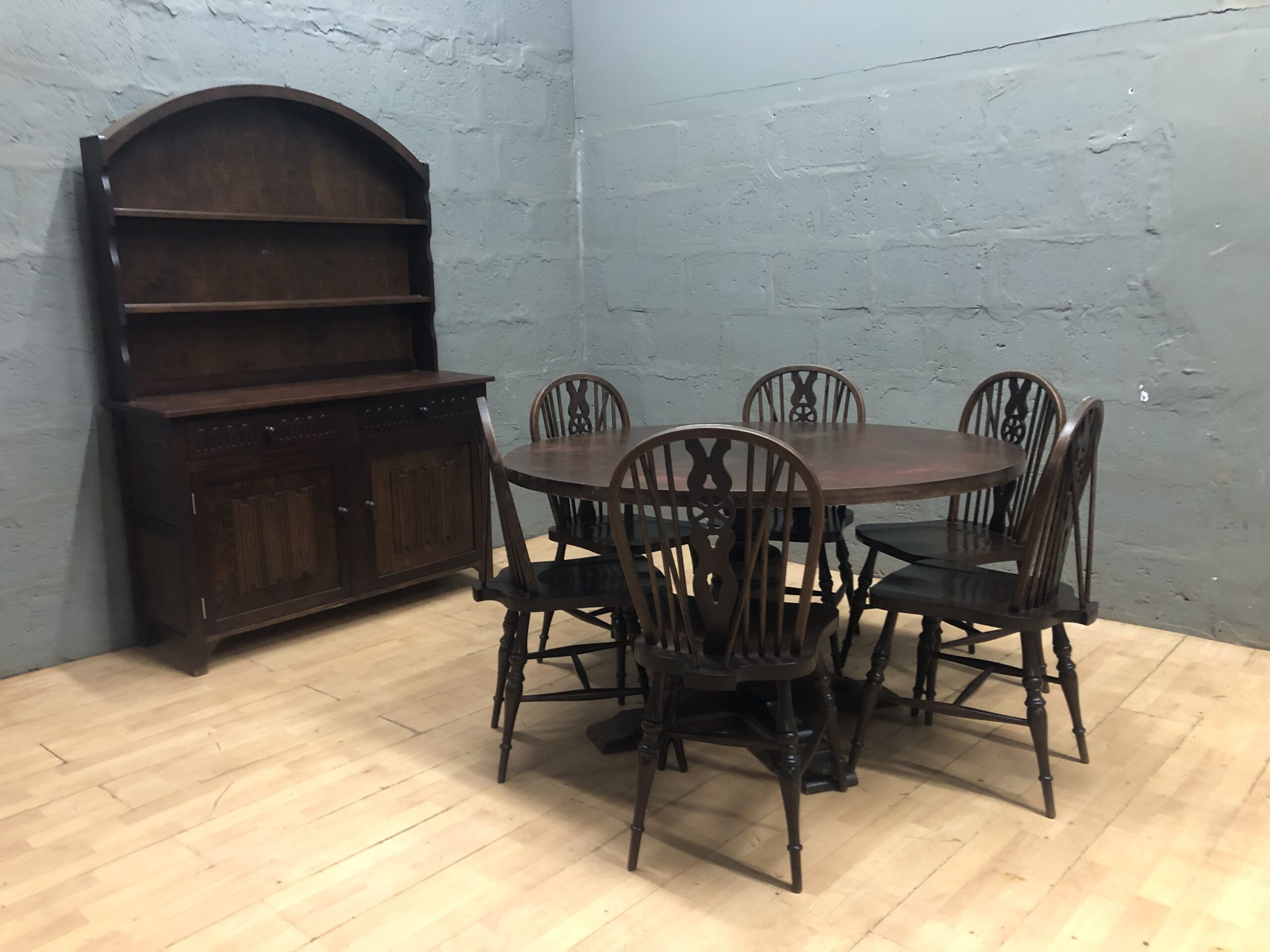 8-Piece Dining Set: Round Table, 6 Chairs & Hutch / Buffet, Dark Brown Finish