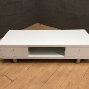 Low White Coffee / TV Table with Drawers, Glass Shelf & Metal Legs