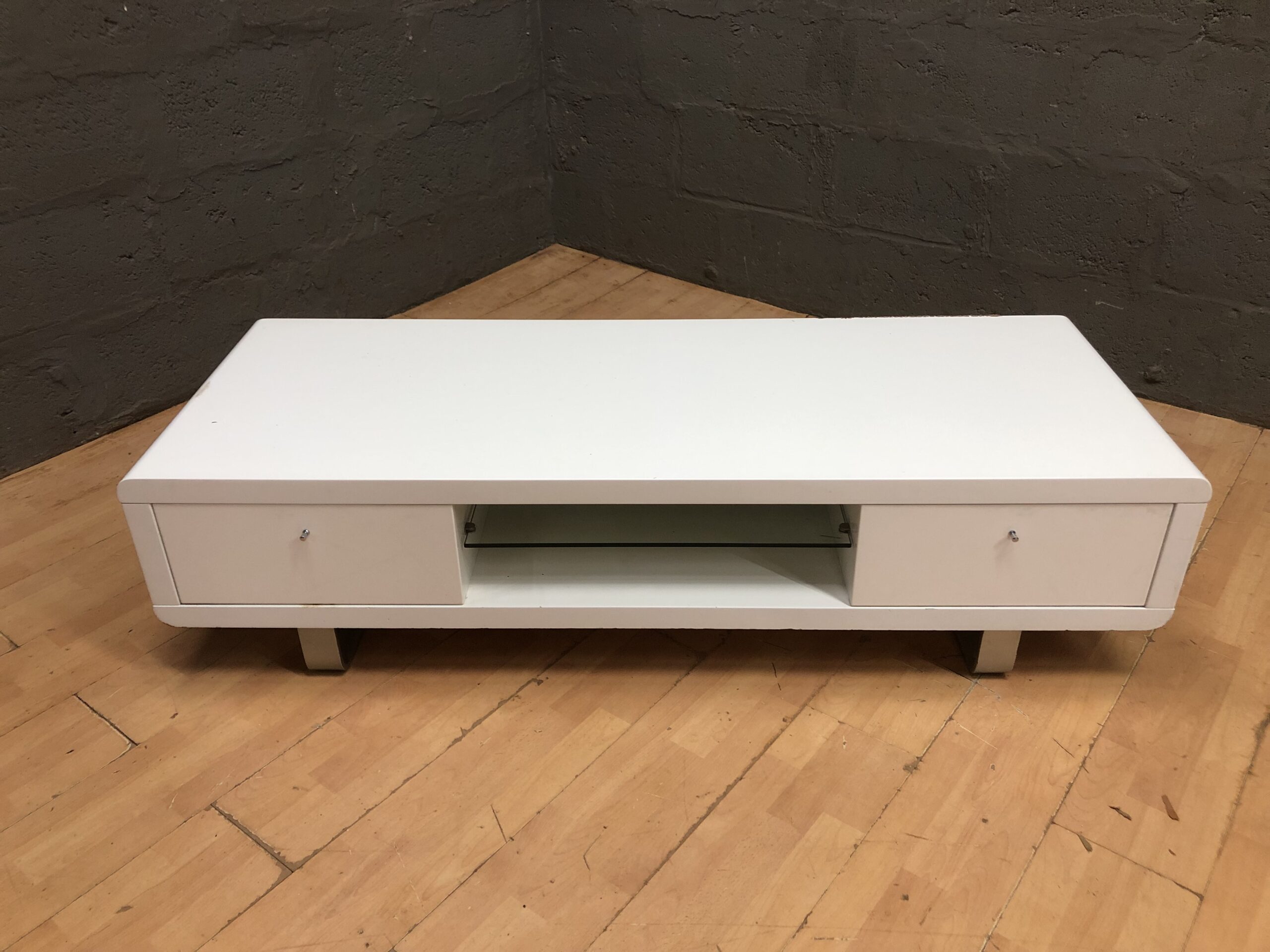 Low White Coffee / TV Table with Drawers, Glass Shelf & Metal Legs
