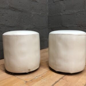 Pair of Small Round Off-White Ottomans / Poufs — Visible Tear & Stains