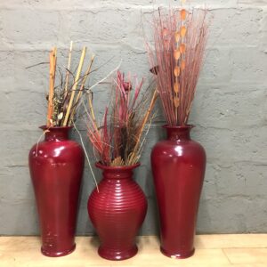 Lot of 3 Red Decorative Floor Vases with Dried Sticks