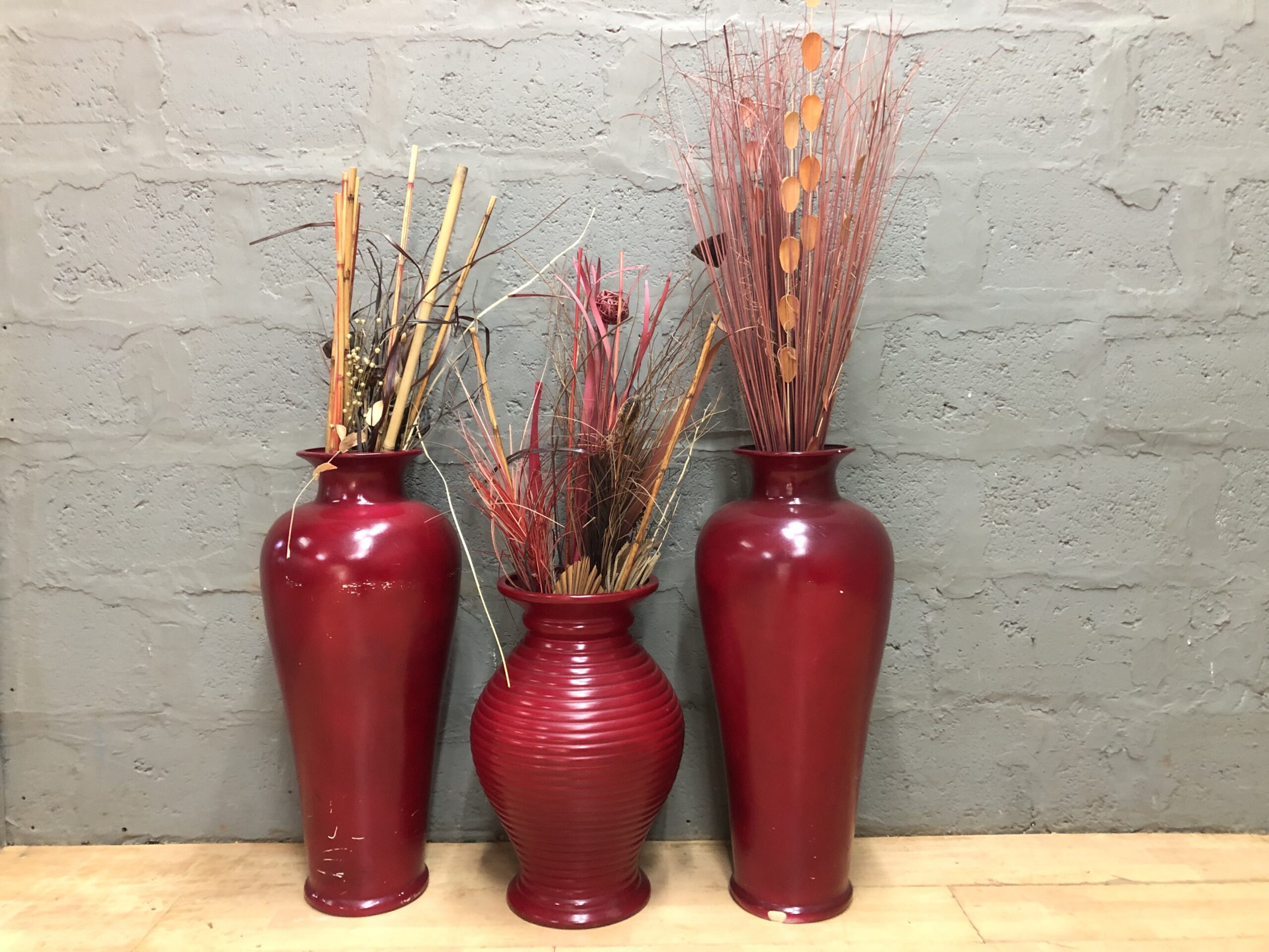 Lot of 3 Red Decorative Floor Vases with Dried Sticks