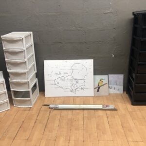 Mixed lot: 3 plastic drawer towers, 3 canvases & packaged long light (7pcs)