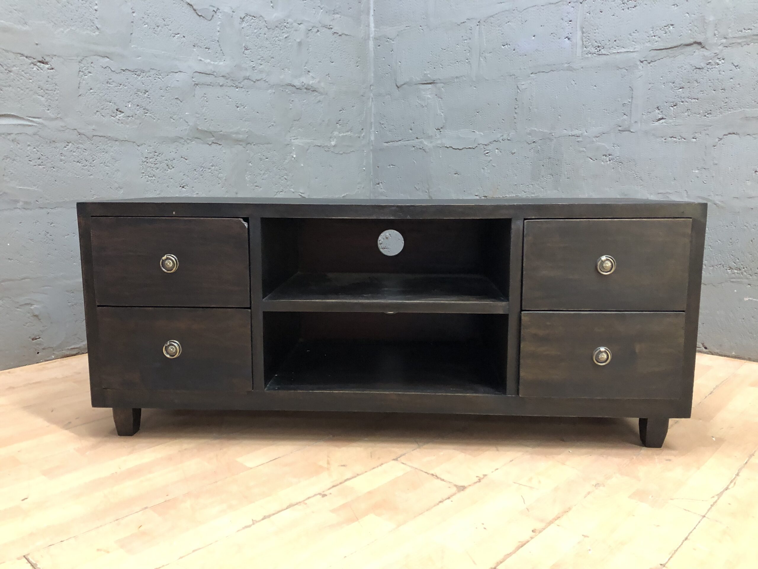 Dark-stained TV / Media Cabinet with 4 Drawers & 2 Open Shelves