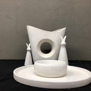 Five-piece white decorative set: vase with hole, tray, small bowl & 2 rabbit figurines