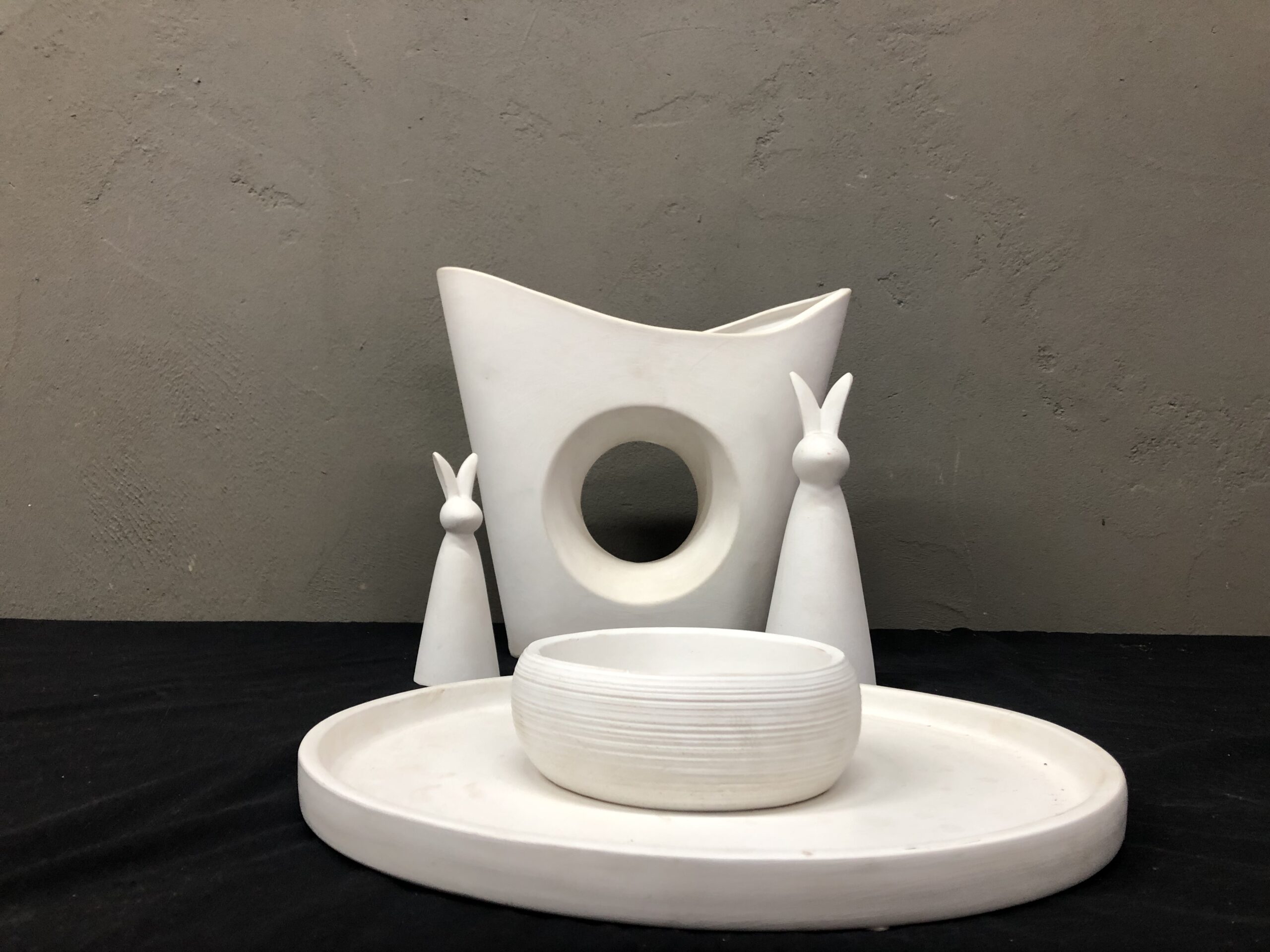 Five-piece white decorative set: vase with hole, tray, small bowl & 2 rabbit figurines