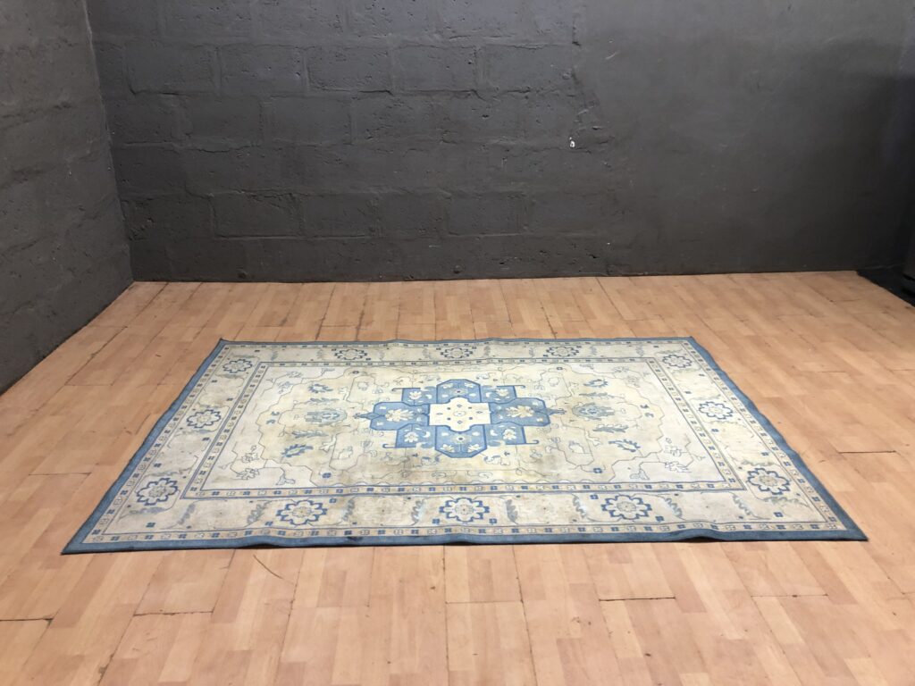 Rectangular Blue & Beige Decorative Area Rug — Used, Soiled, Edge Curl