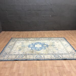 Rectangular Blue & Beige Decorative Area Rug — Used, Soiled, Edge Curl