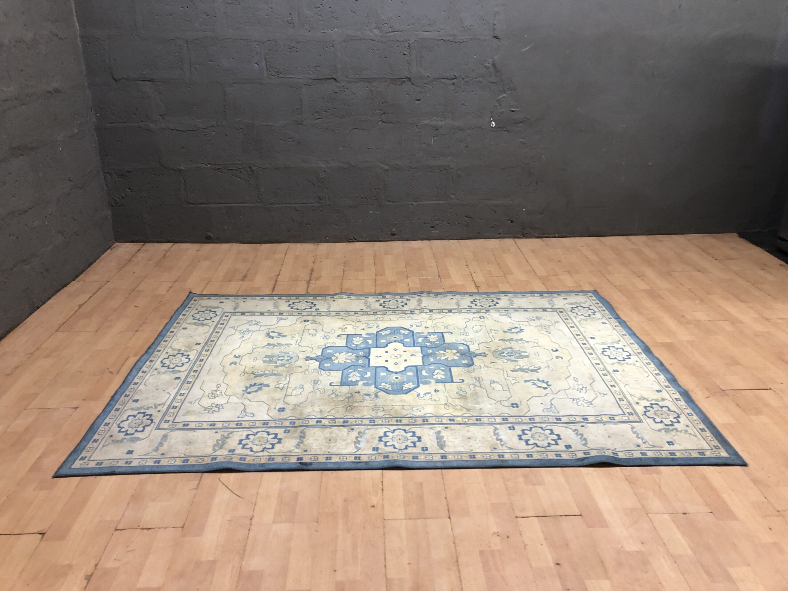 Rectangular Blue & Beige Decorative Area Rug — Used, Soiled, Edge Curl