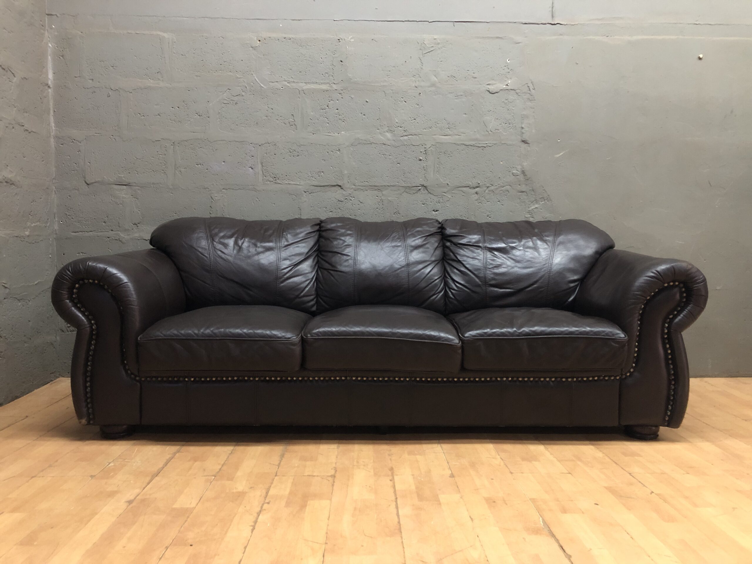Dark Brown 3-Seat Rolled-Arm Sofa with Nailhead Trim