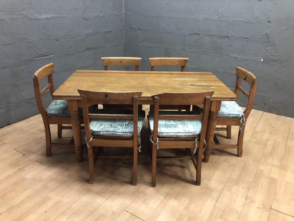 Rectangular Wooden Dining Table with Six Matching Chairs (Set of 7)