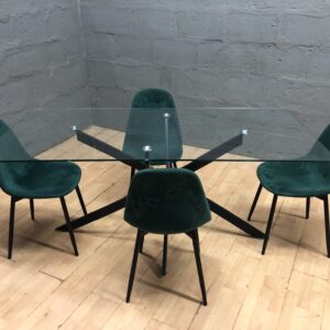 Rectangular Glass-Top Dining Table with Four Green Upholstered Chairs (Set)