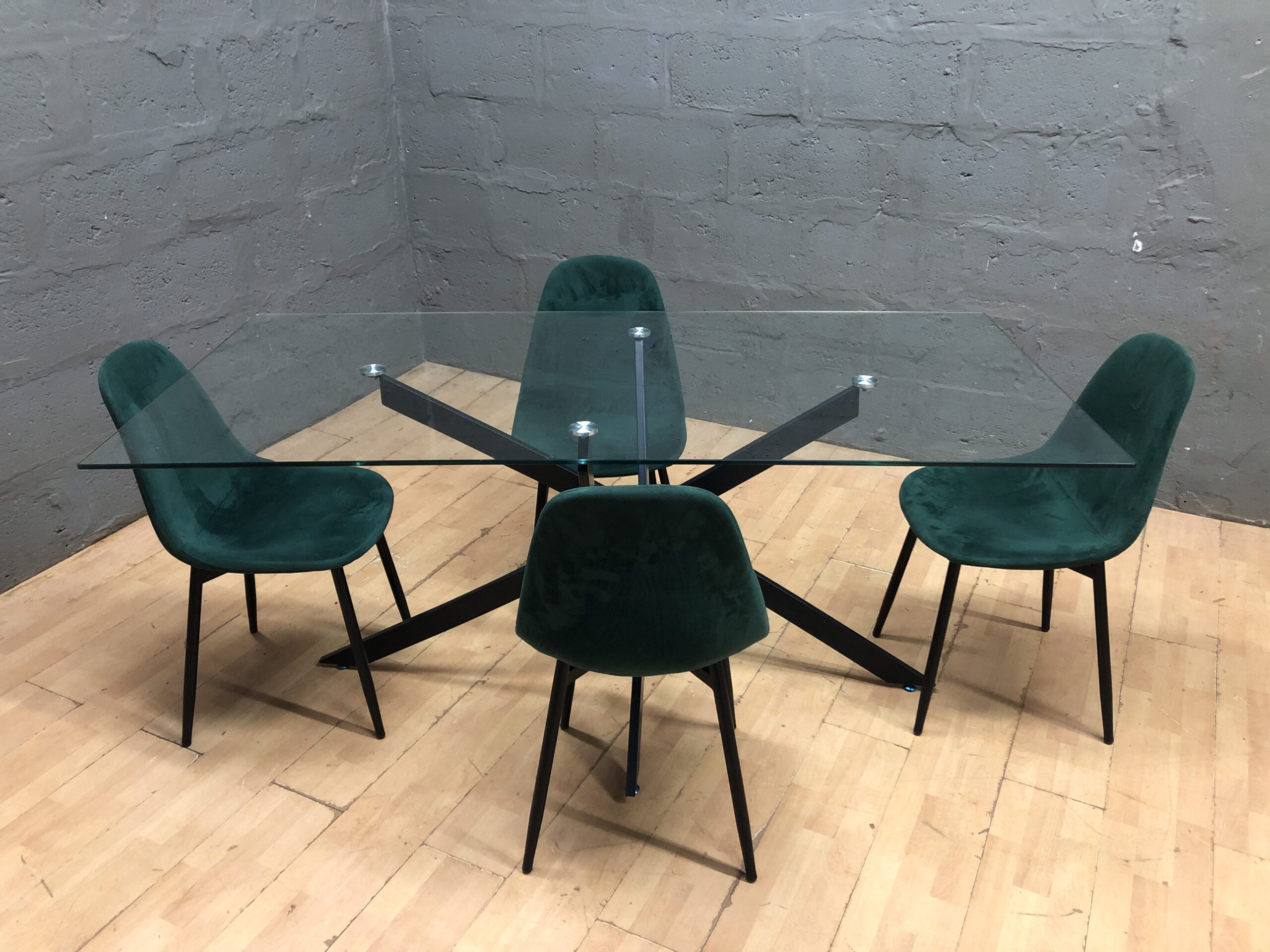 Rectangular Glass-Top Dining Table with Four Green Upholstered Chairs (Set)