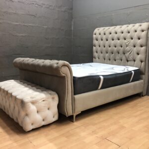 Tufted Upholstered Bed with Matching Tufted Bench/Ottoman — Light Grey/Taupe