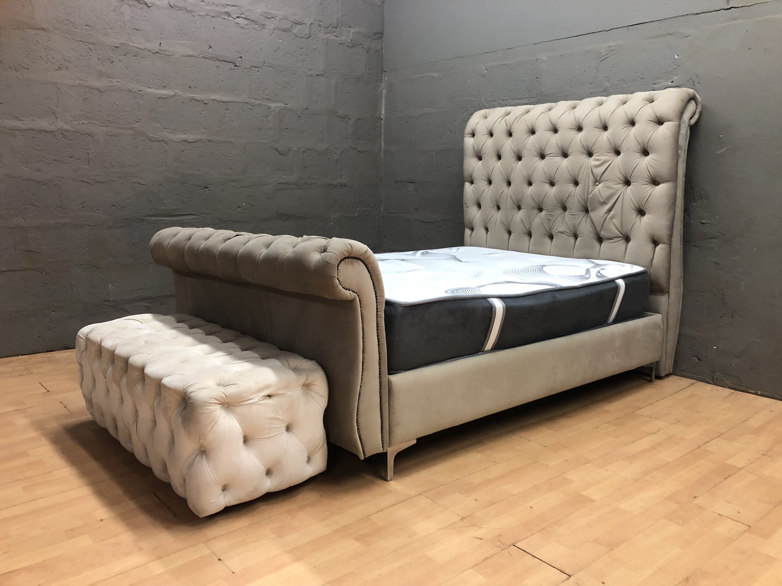 Tufted Upholstered Bed with Matching Tufted Bench/Ottoman — Light Grey/Taupe