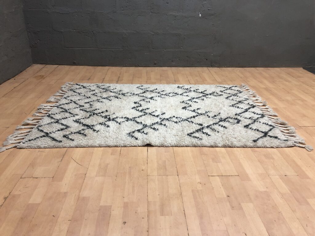 Cream shag pile area rug with dark geometric pattern and braided tassel fringe