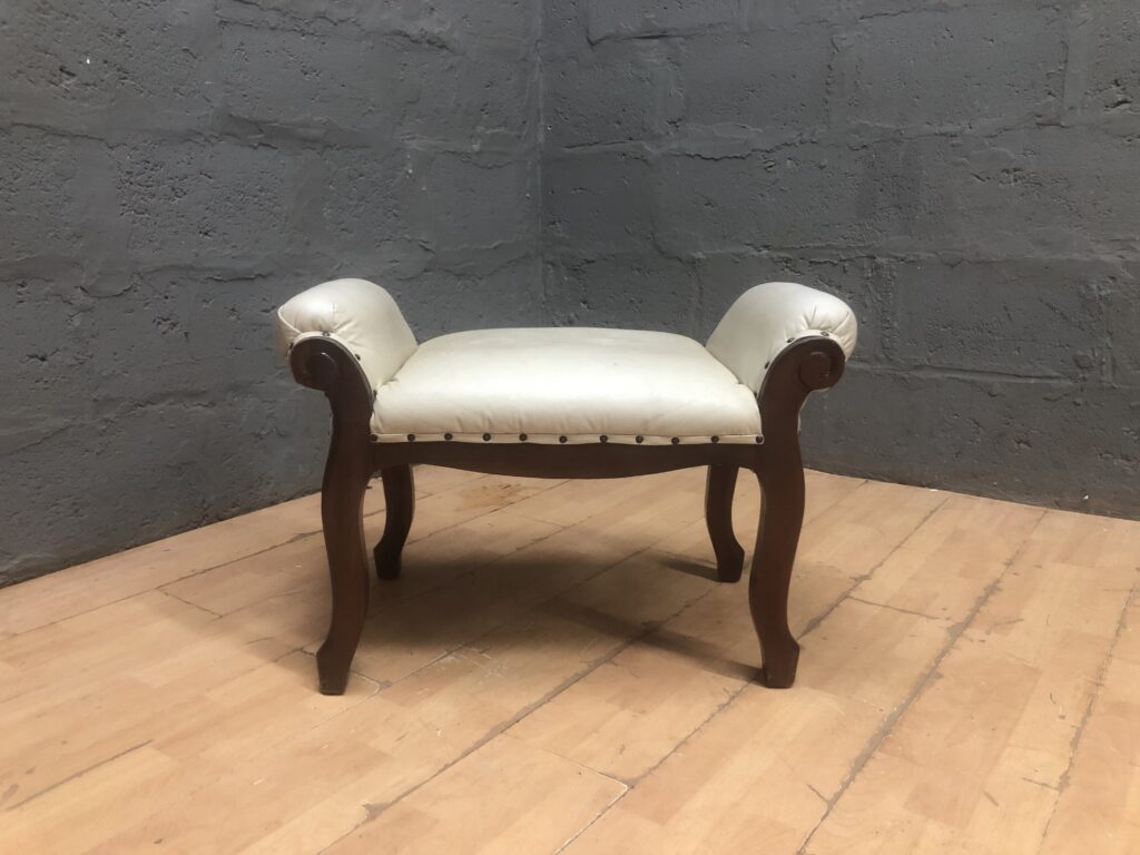 Cream Upholstered Bench / Vanity Stool with Rolled Arm Ends & Nailhead Trim