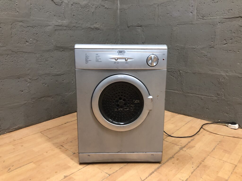 Defy Silver Front-Loading Clothes Dryer — Single Unit, Door & Power Cord Present