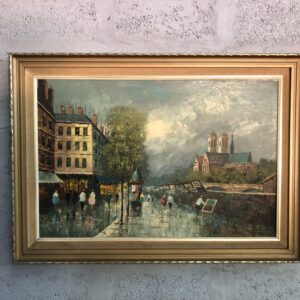 Framed Landscape/Cityscape Oil Painting in Gilt Frame, Signed (Lower-left)