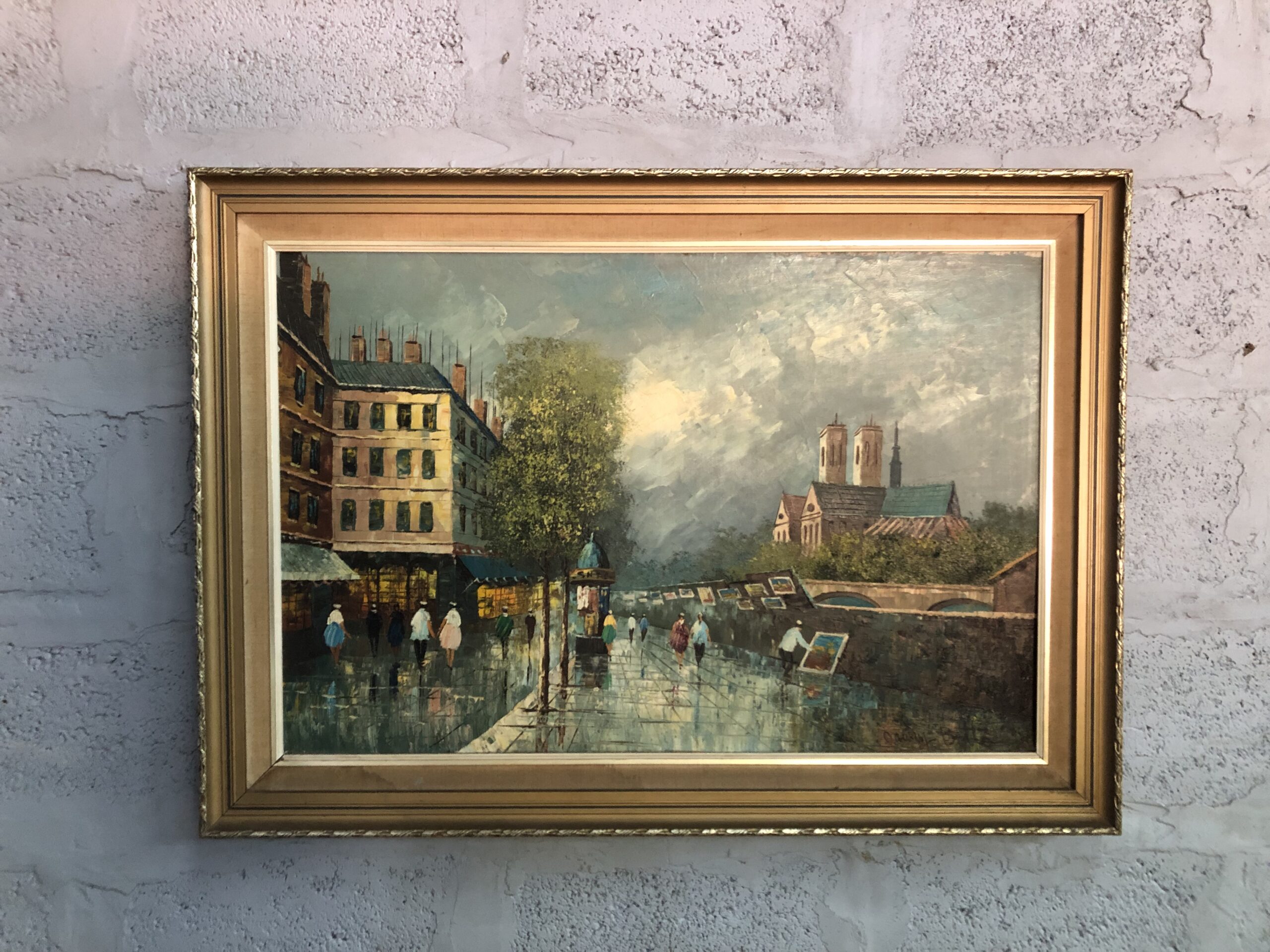 Framed Landscape/Cityscape Oil Painting in Gilt Frame, Signed (Lower-left)