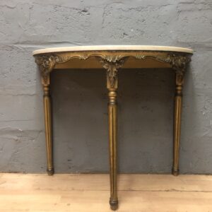 Demi-lune (half-moon) gilt console table with cream top — 1 piece