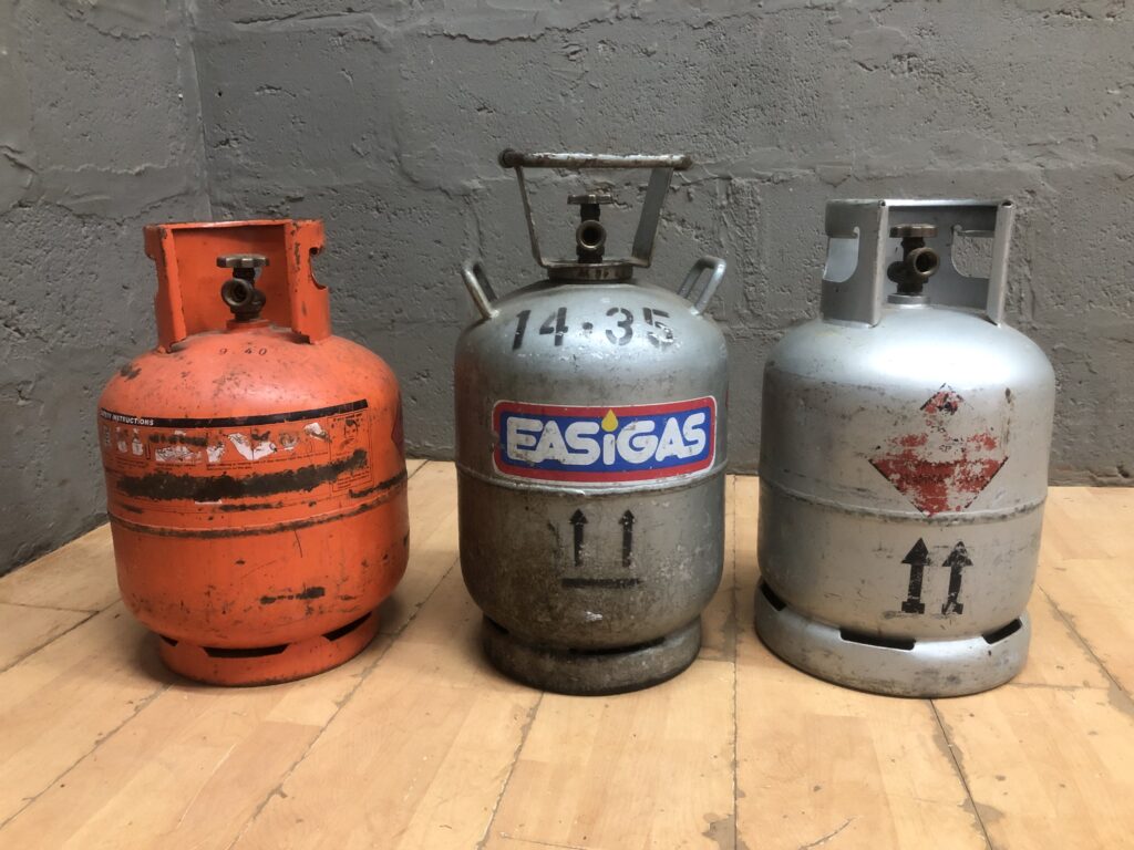 Lot of 3 Small Metal Gas/Propane Cylinders (9 kg markings visible)
