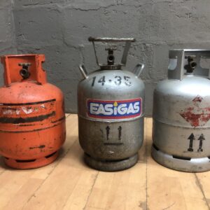 Lot of 3 Small Metal Gas/Propane Cylinders (9 kg markings visible)