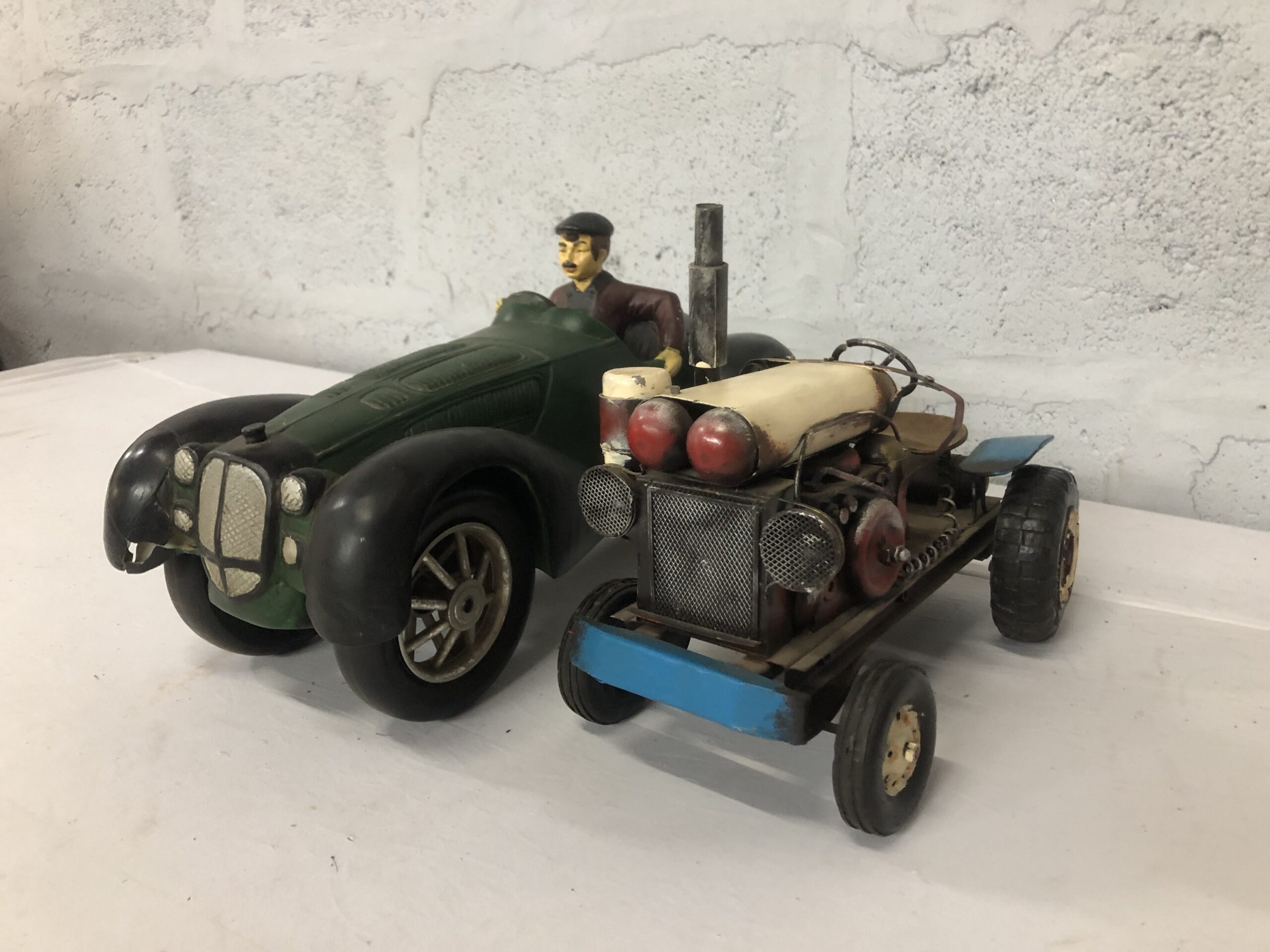 Vintage-style Toy Vehicles – Green Car & Small Tractor (Set of 2)