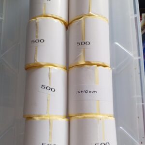 Bulk lot — 500 x 10x10cm self-adhesive label rolls (full, largely unused)