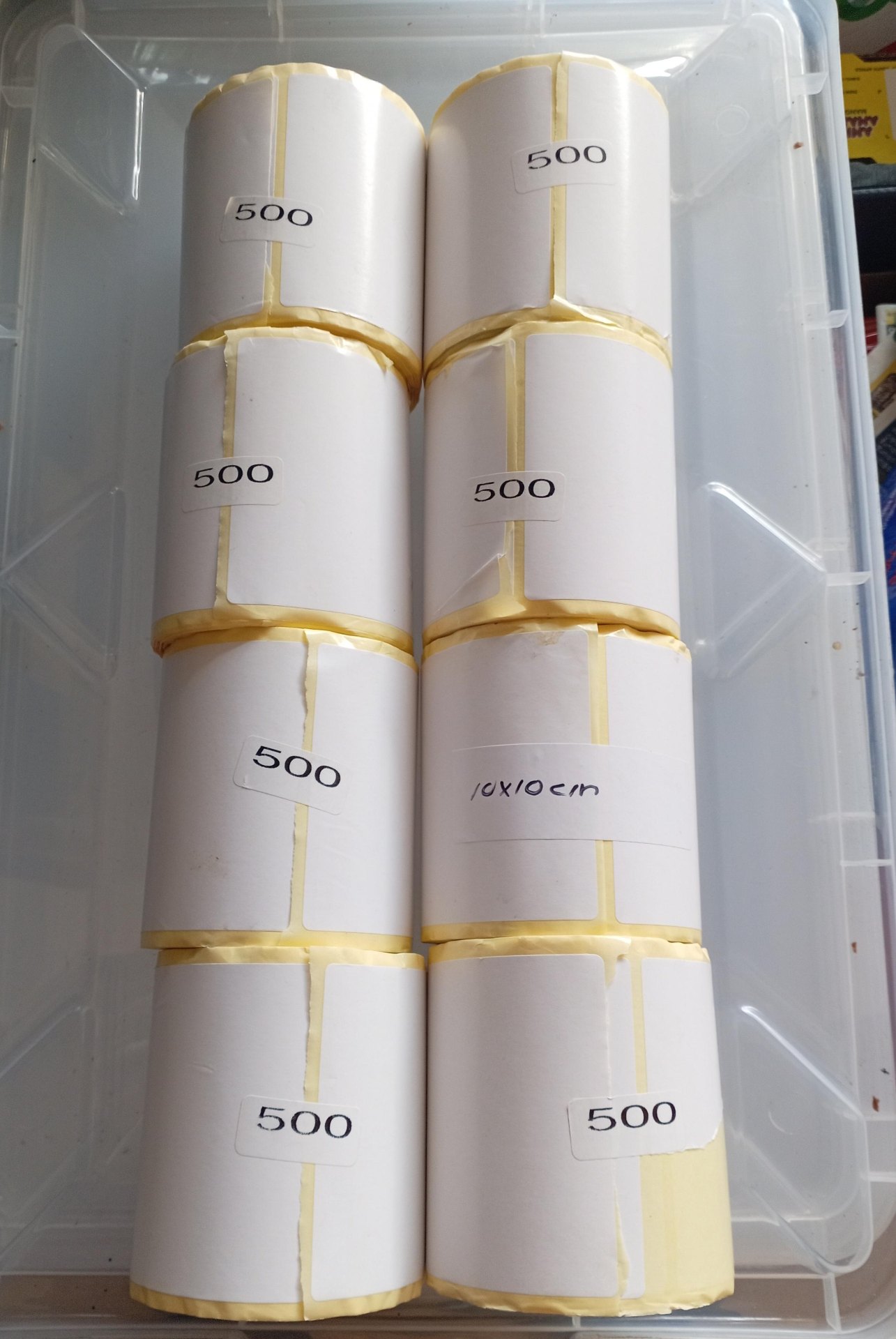 Bulk lot — 500 x 10x10cm self-adhesive label rolls (full, largely unused)