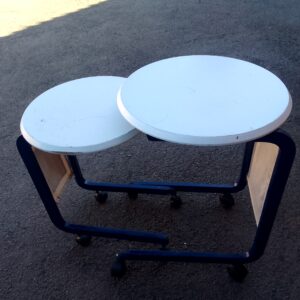 Pair of Round Wheeled Nesting Side Tables – White Tops, Dark Frames