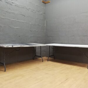 2 x Folding rectangular tables with hinged centre – heavy surface damage, 177×74×73cm
