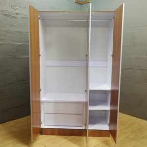 Three-door Wardrobe with Mirrored Centre Door, Shelves & Drawers