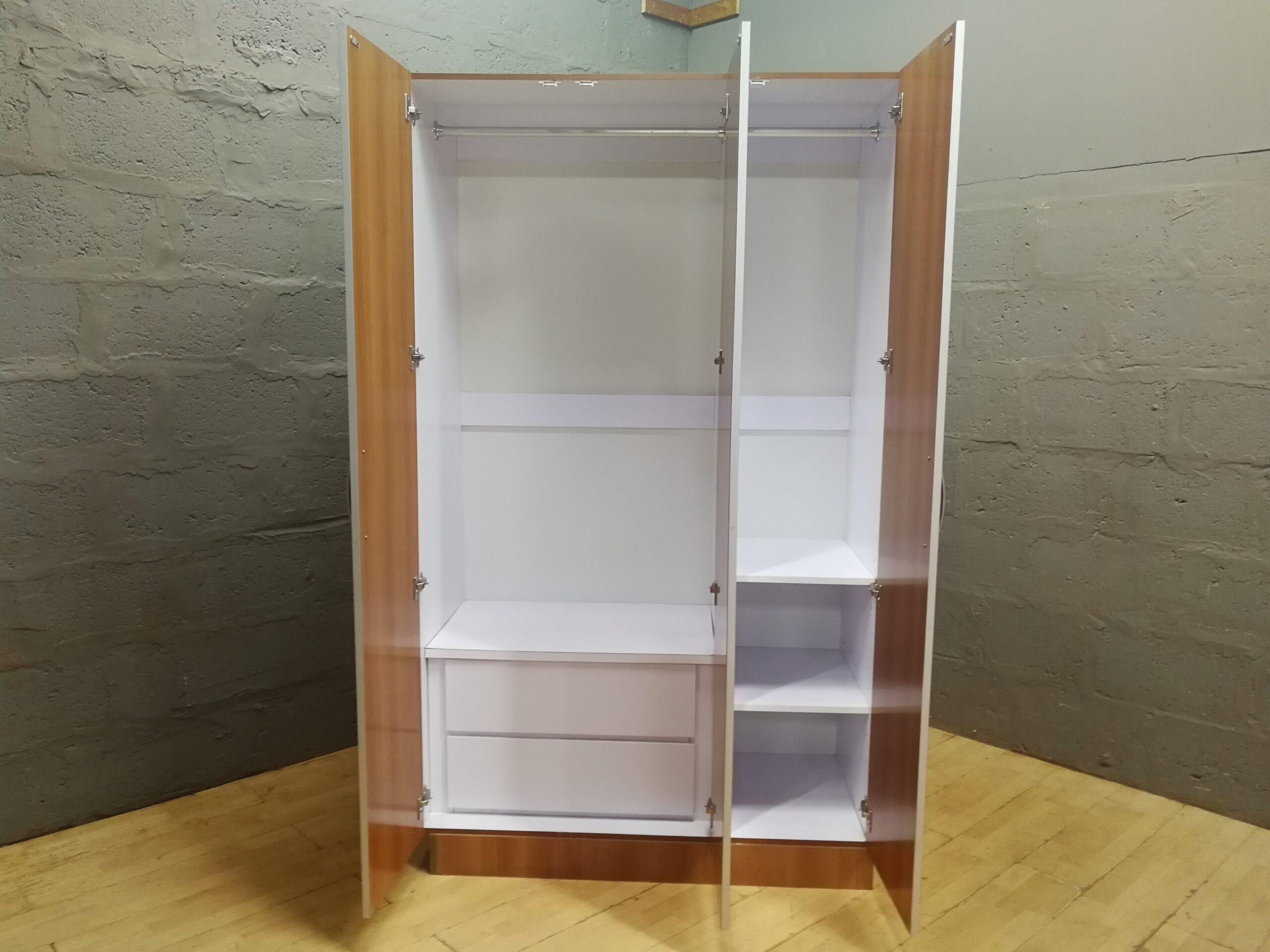 Three-door Wardrobe with Mirrored Centre Door, Shelves & Drawers