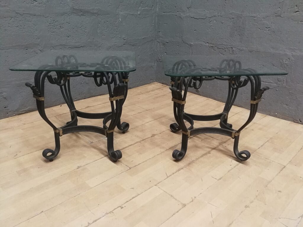 Pair of Square Glass-Top Side/End Tables with Decorative Metal Bases