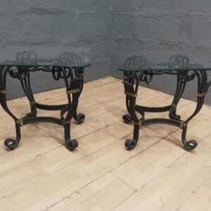 Pair of Square Glass-Top Side/End Tables with Decorative Metal Bases