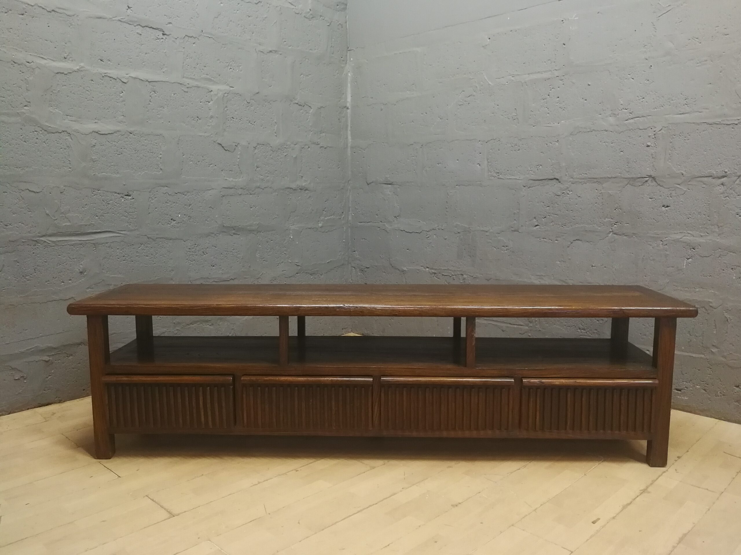 Long Low Media Cabinet / TV Stand with 3 Ribbed Drawers & 3 Open Shelves