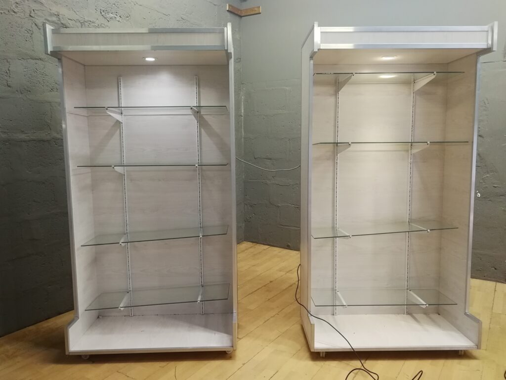 Pair of Freestanding Retail Display Shelving Units with Glass Shelves & Lights