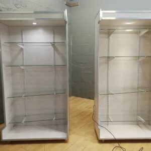 Pair of Freestanding Retail Display Shelving Units with Glass Shelves & Lights